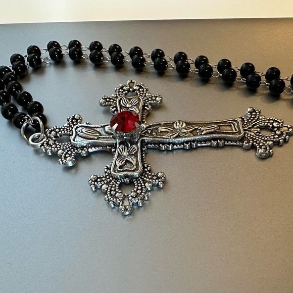 Statement Cross Necklace Gothic Crystal Floral Design Big Punk Goth Silver New - Picture 4 of 8